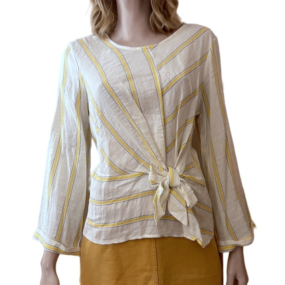 Lumina Linen Rayon Blend Blouse Top Shirt Bow Tie Front Stripe Made Italy NWOT